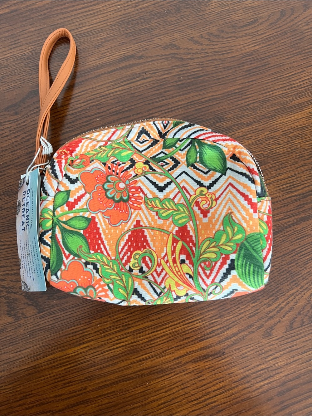 Vibrant Floral Wristlet Cosmetic Pouch - Orange & Green